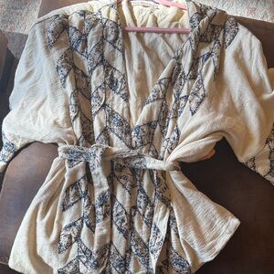 Free People Cream and Navy Printed Kimono Wrap Jacket
